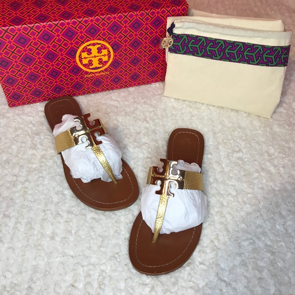 Tory Burch | Brown and Gold Leather Thong Sandals
